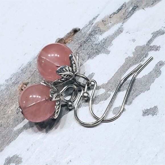 Artsy Leaf Capped Cherry Quartz Gemstone Dangle Silver Platinum Plated Earrings - Picture 10 of 11